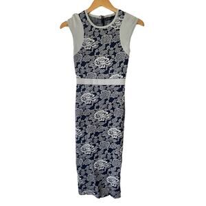 Karen Millen Blue and Gray Floral Print Bodycon Stretch Knit Dress, Size 1 ⬇️